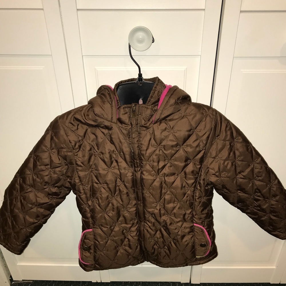 Pink Platinum Brown Quilted Kids Puffer Jacket with Pink Trim